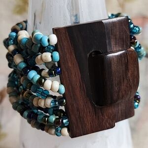 Wood Clasp Seed Beaded Blue Turquoise Cream Twisted Stretch Vintage Bracelet MCM
